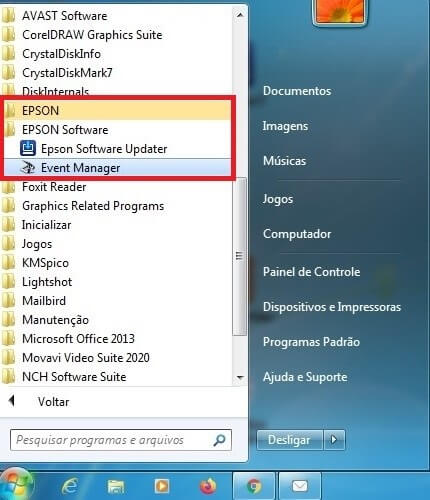 Acessando o Epson Event Manager no Windows 7