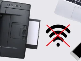 simbolo de wi-fi riscado com x e rodeado por uma impressora um celular e um notebook