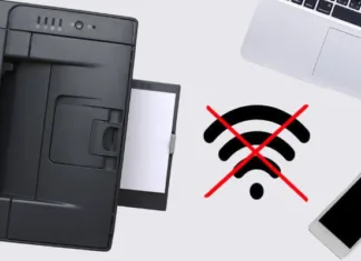 simbolo de wi-fi riscado com x e rodeado por uma impressora um celular e um notebook