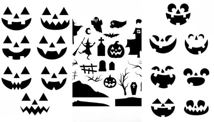 templete rosto de abobora e desenhos com tema de halloween