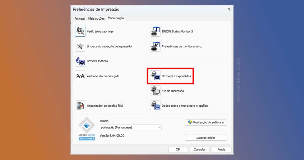 definições expandidas no driver impressora epson